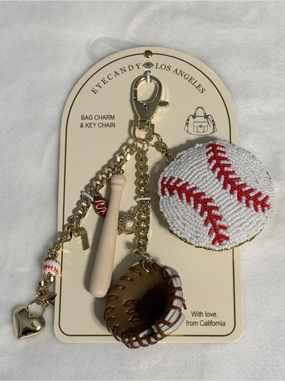 Eye Candy Los Angeles Baseball Charm Keychain with Bat, Glove & Beaded Ball